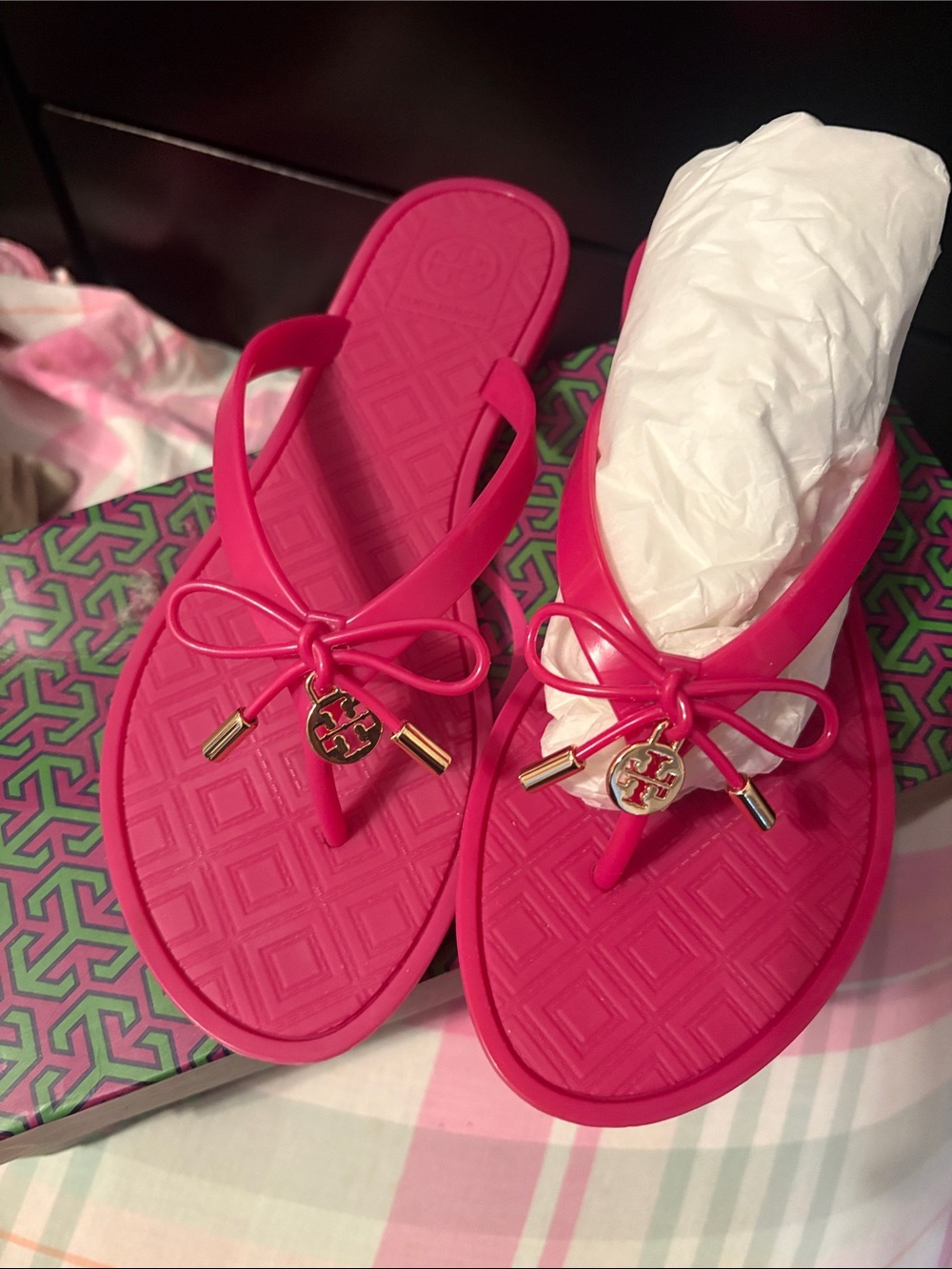 Tory Burch Bright Pink Bow Logo Flip Flop Sandals